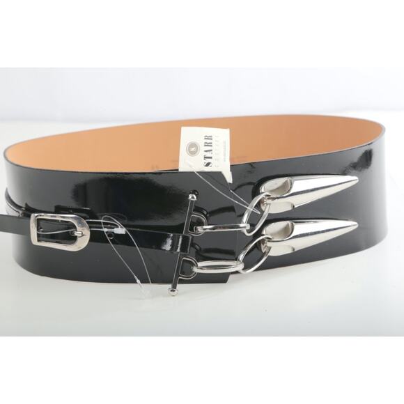 Vintage Set of 2 Black Patent Leather Wide Belts Silver Studded Chain Punk M 85 - Picture 6 of 16